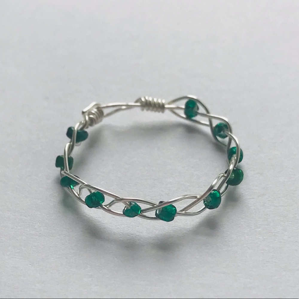 Handmade Braided Dark Green Bead Silver Wire Ring